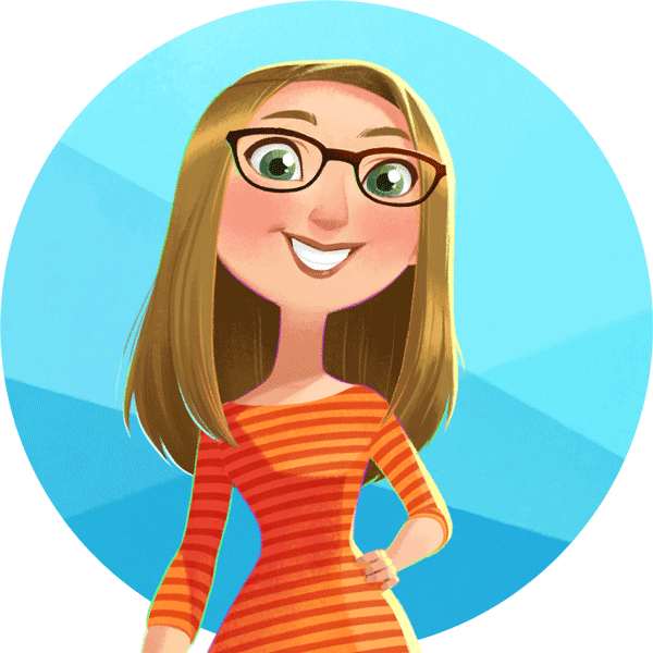 Illustrated character of DFW Craft Show's owner, Tania, stands with her hand relaxed on her hip. She is wearing an orange striped shirt and glasses. She is smiling and there is a bright blue ombre background behind her.