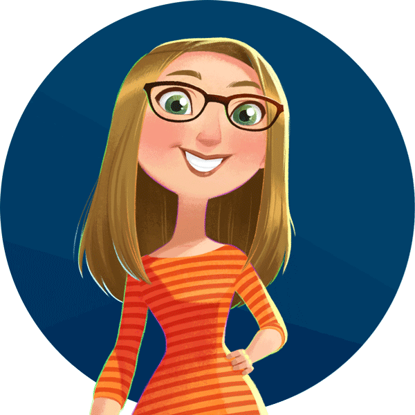 Illustrated character of DFW Craft Show's owner, Tania, stands with her hand relaxed on her hip. She is wearing an orange striped shirt and glasses. She is smiling and there is a navy ombre background behind her.